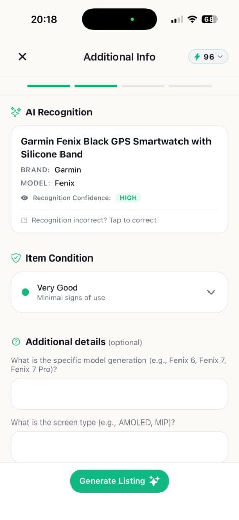 AI recognition results with brand, model, and condition